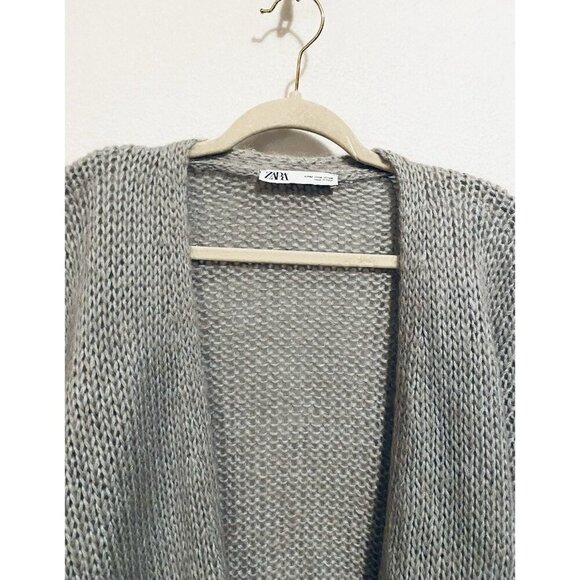 Zara Cardigan Sweater Womens Medium Gray Chunky Open Front Mohair Wool Classic - Picture 2 of 8